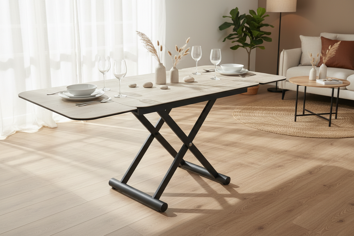 Table basse relevable et extensible céramique