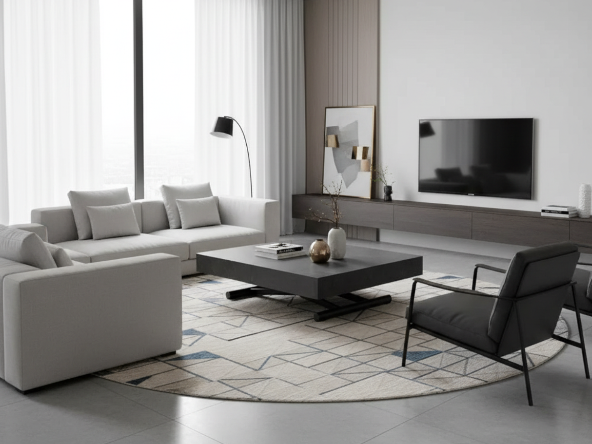 table basse grise ardoise marbre relevable extensible ouverte en ambiancetable basse grise ardoise marbre relevable extensible en ambiance salon