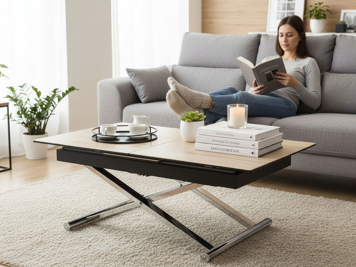 able basse relevable extensible céramique bois Julia en position haute dans un salon contemporain - Souffle d'Intérieur