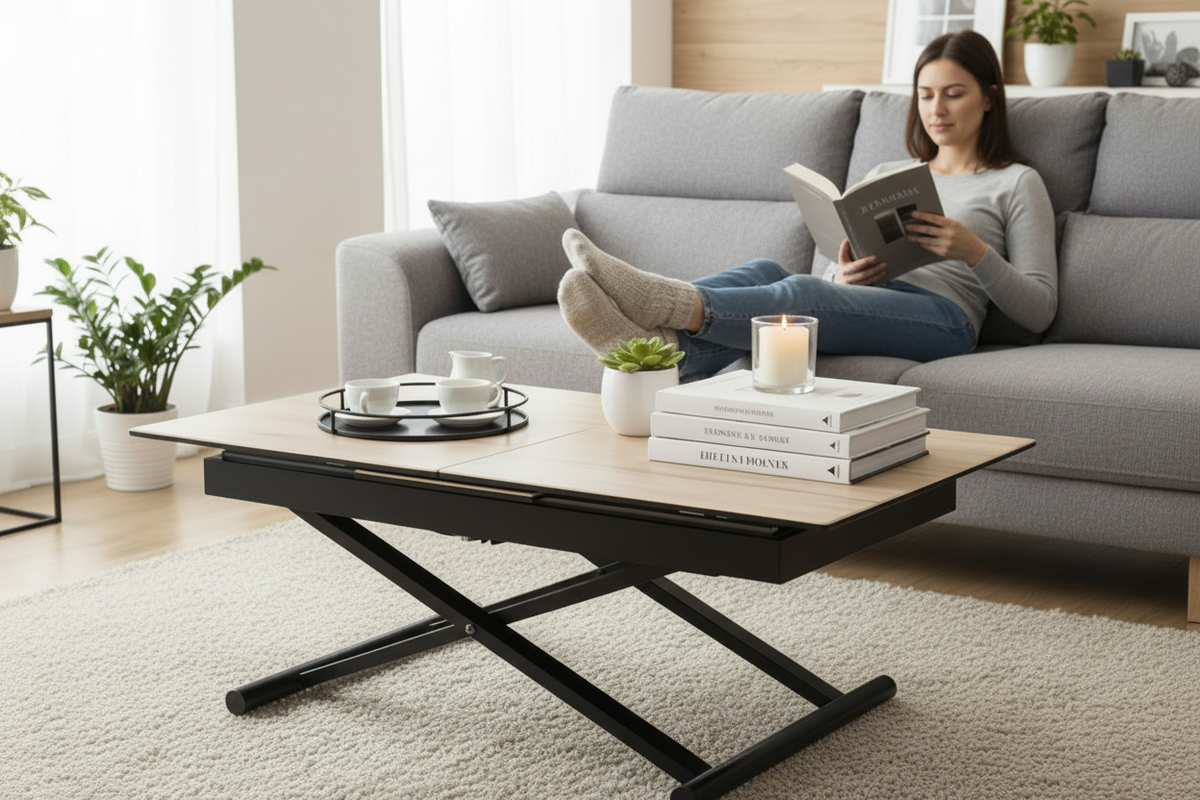 able basse relevable extensible céramique bois Julia en position haute dans un salon contemporain - Souffle d'Intérieur