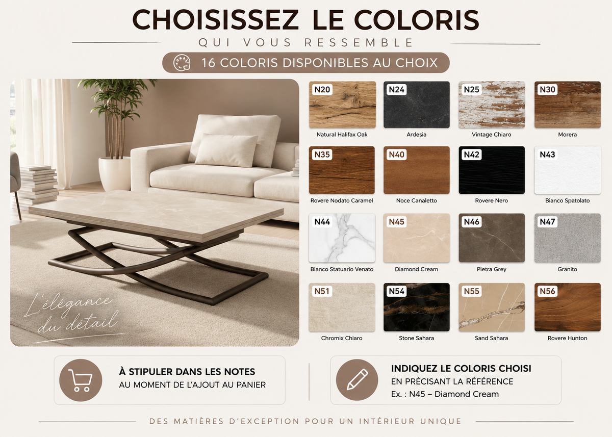 Table basse relevable transformable Sakury – nuancier des coloris disponibles