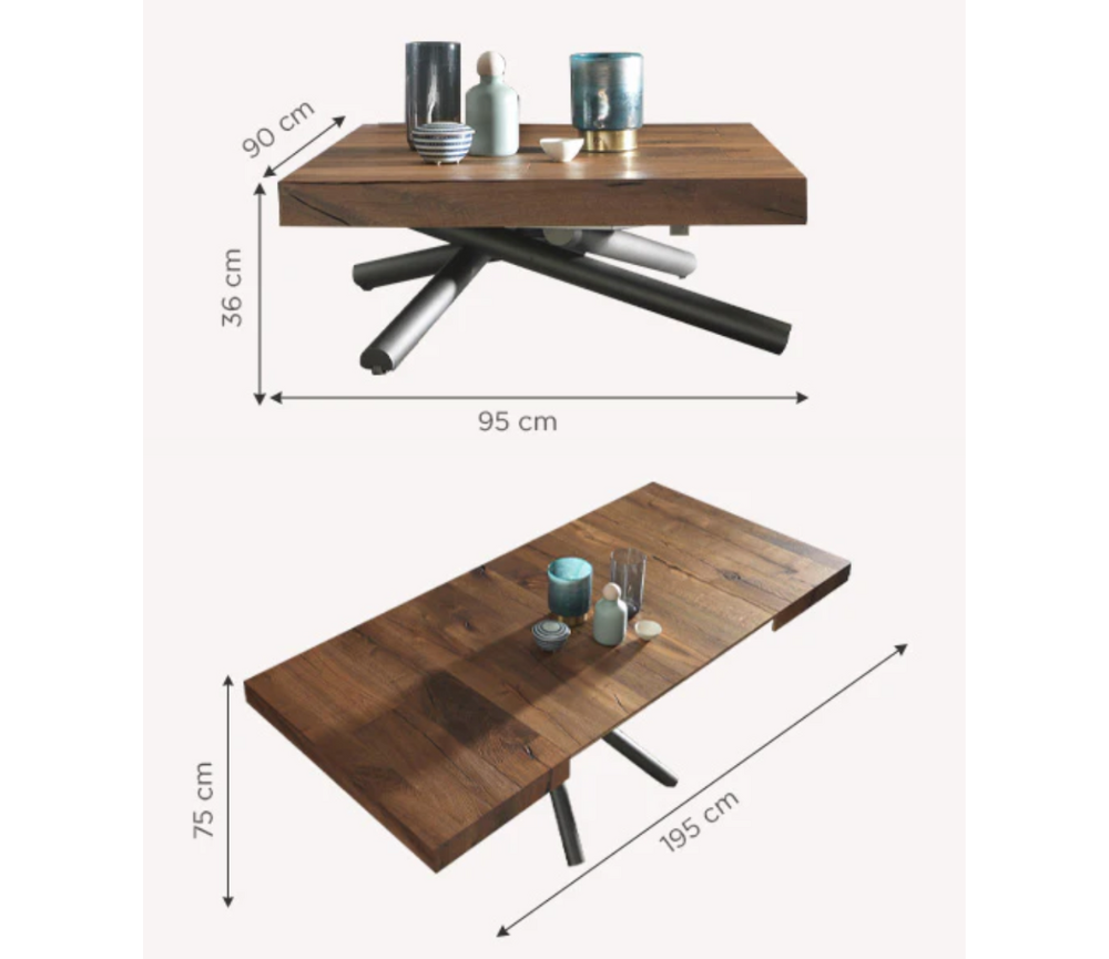 Table basse relevable transformable extensible bois 95 x 90cm - Levantelle