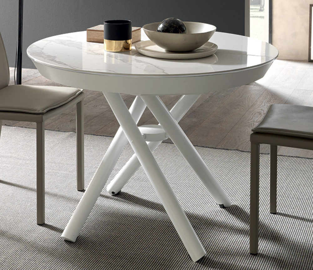 Table basse relevable extensible Helios, céramique marbre blanc et piétement métal à roulettes