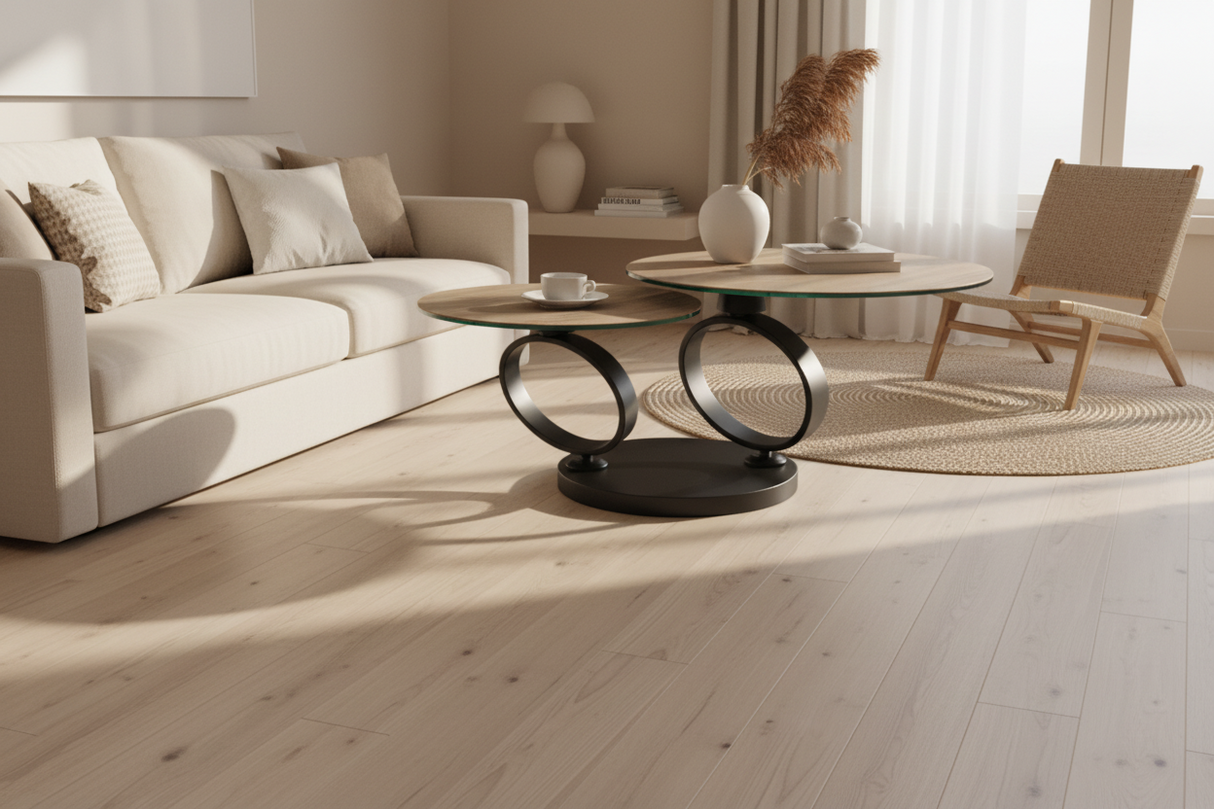 table basse céramique ronde effet bois clair pivotante design - Souffle d'intérieur
