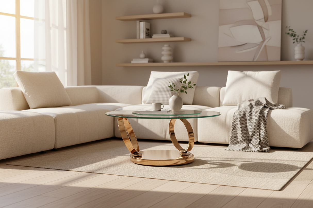 Table basse pivotante Olivia – vue 3/4 – fermé – verre trempé transparent – base métal or cuivré