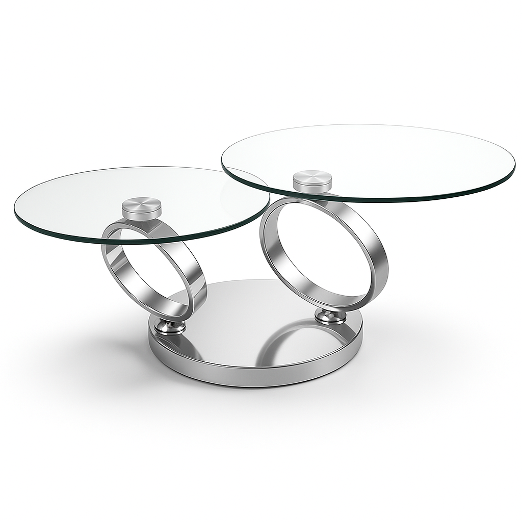 Table basse ronde pivotante Olivia – vue de face – verre trempé transparent – base métal chromé brillant