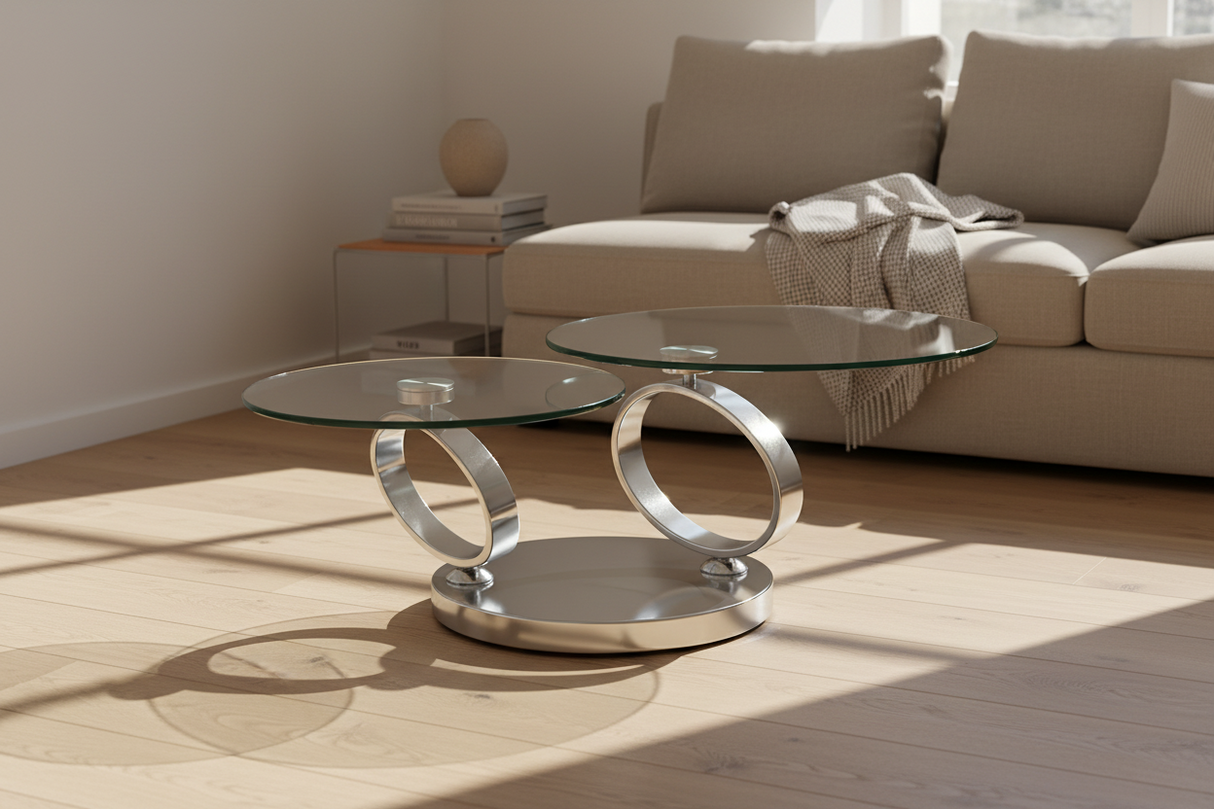 Table basse ronde pivotante Olivia – vue de face – verre trempé transparent – base métal chromé brillant
