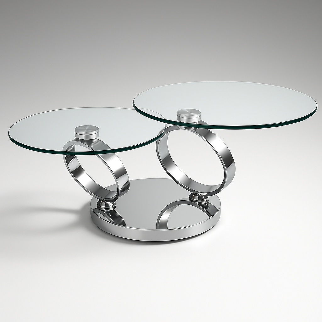 Table basse ronde pivotante Olivia – vue de face – ouvert – verre trempé transparent – base métal chromé brillant