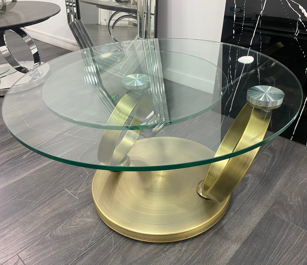 Table basse ronde pivotante Olivia – salon – verre trempé transparent – position fermé
