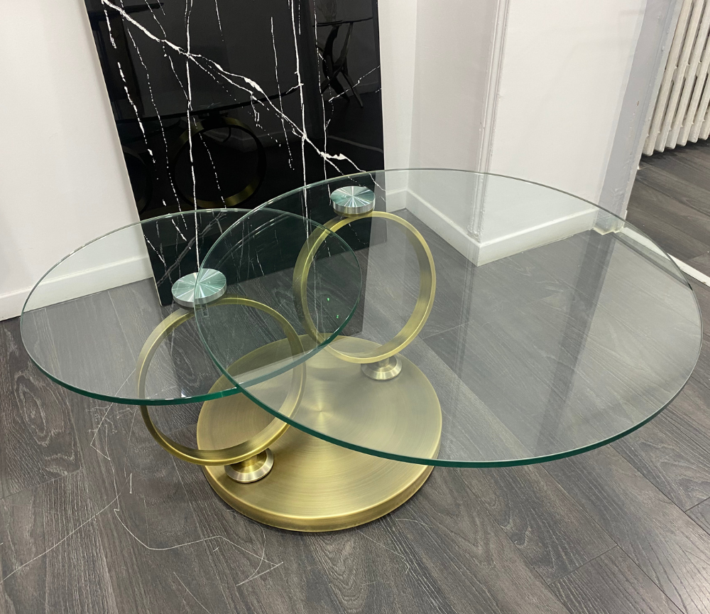 Table basse ronde pivotante Olivia – salon – verre trempé transparent – position mi ouvert