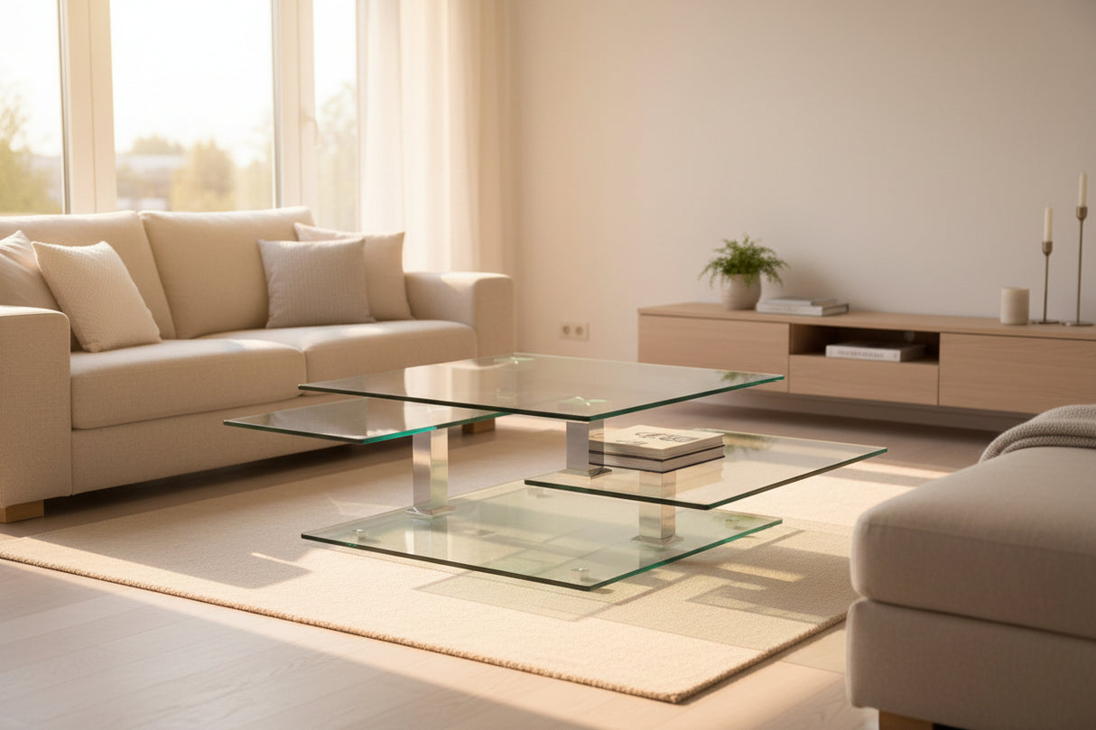 Moni table basse carrée en verre pivotante – configuration ouverte