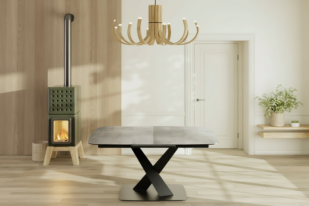 Santiago table carrée extensible céramique – vue d'ensemble, piètement acier laqué noir mat