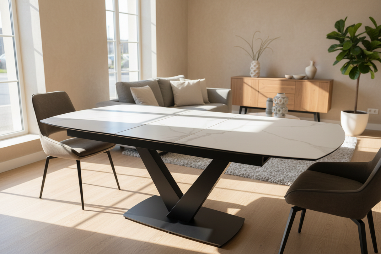 Columbiana table extensible céramique marbre – vue latérale, mécanisme de rallonge centrale