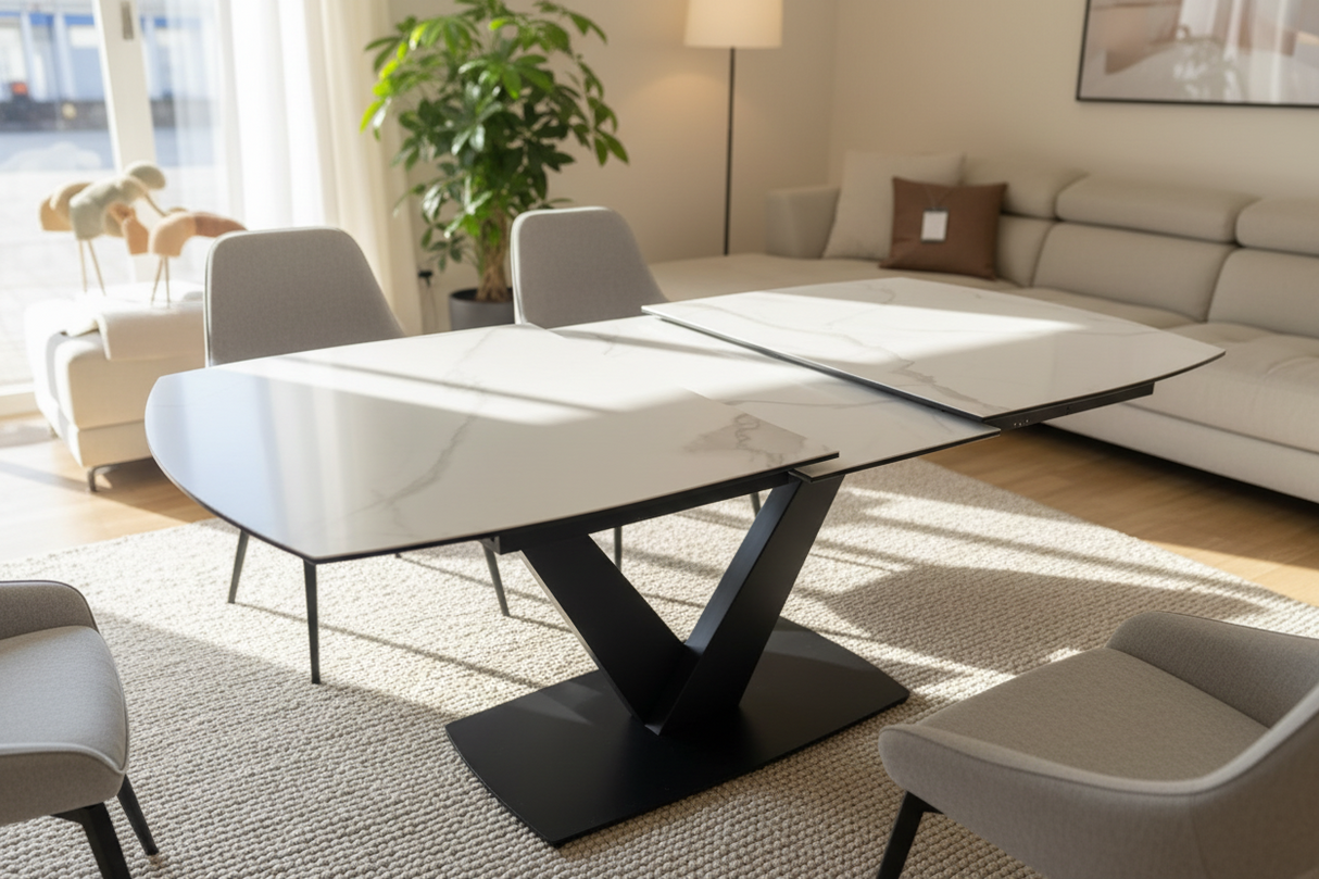 Columbiana table céramique marbre extensible – plateau ovale blanc, configuration fermée 160 cm