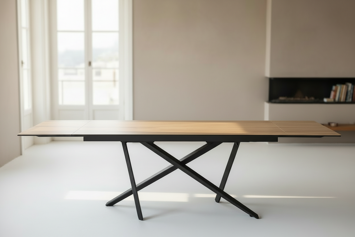 Forrest table céramique effet bois – vue de face configuration fermée 180 cm, piètement métal