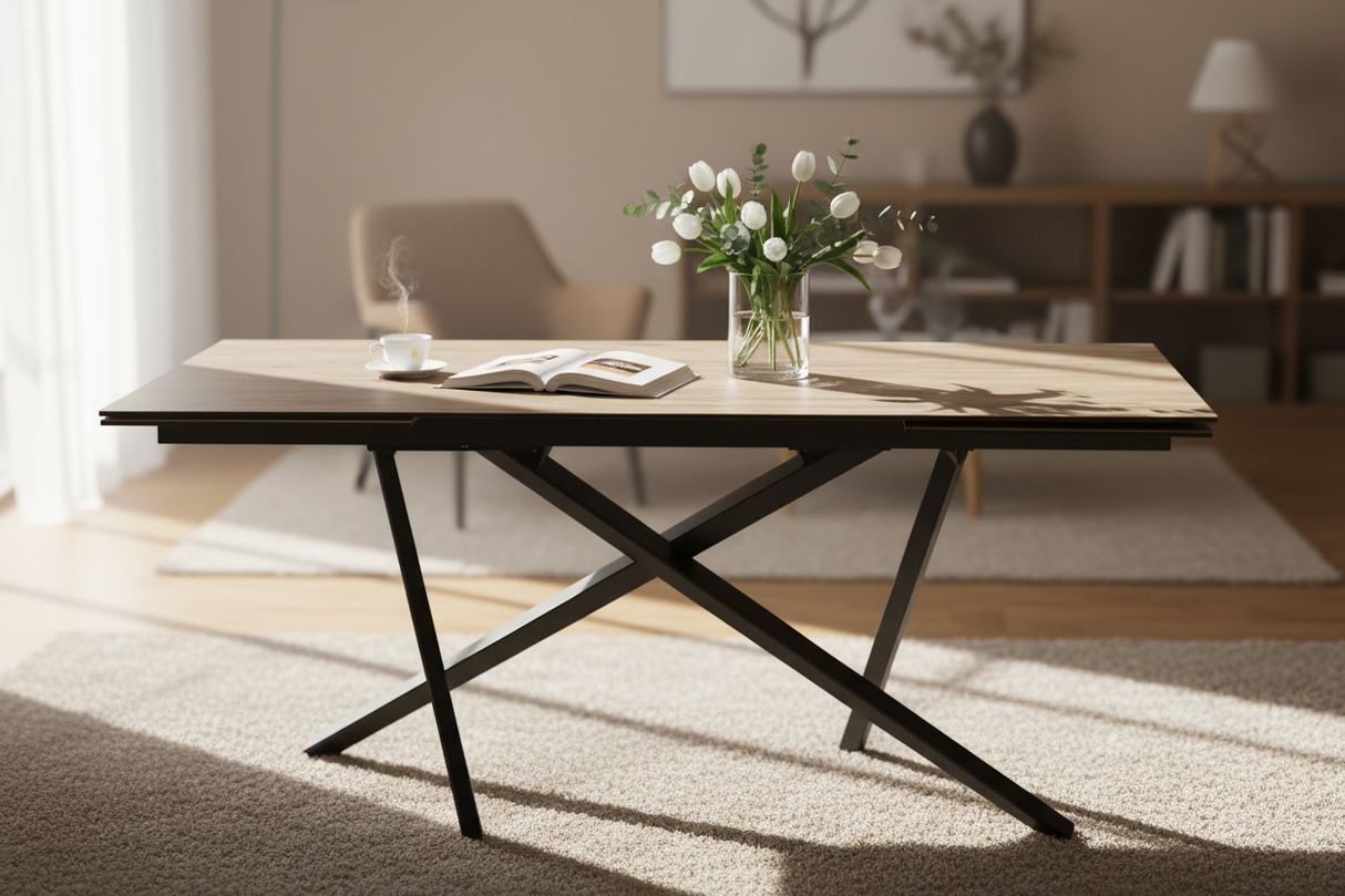 table a manger en ceramique effet bois dans une salle a manger contemporaine