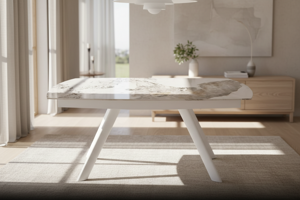 Terenceta table extensible céramique effet marbre – vue en situation, configuration ouverte 210 cm