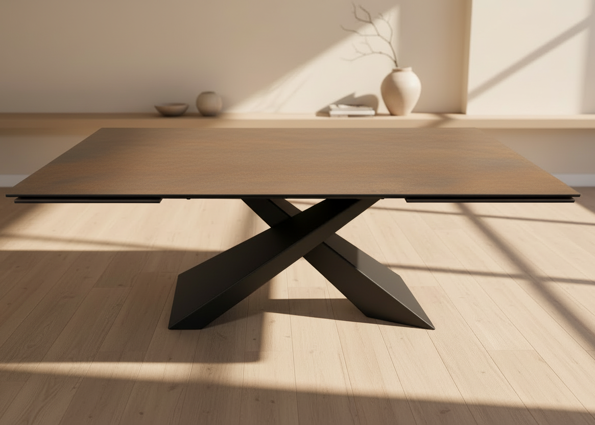 Table Bond céramique extensible effet rouille bronze – vue pieds central fermée