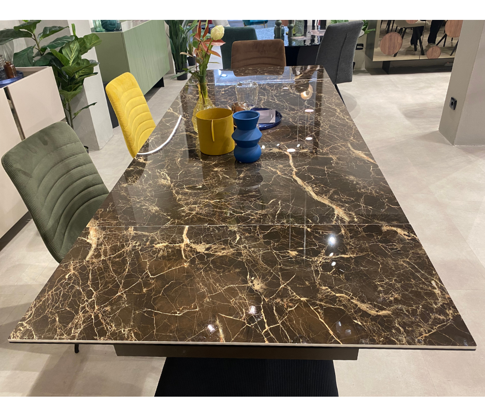 Table céramique extensible marbre marron brillant L160cm (240cm ouverte) - Nestory