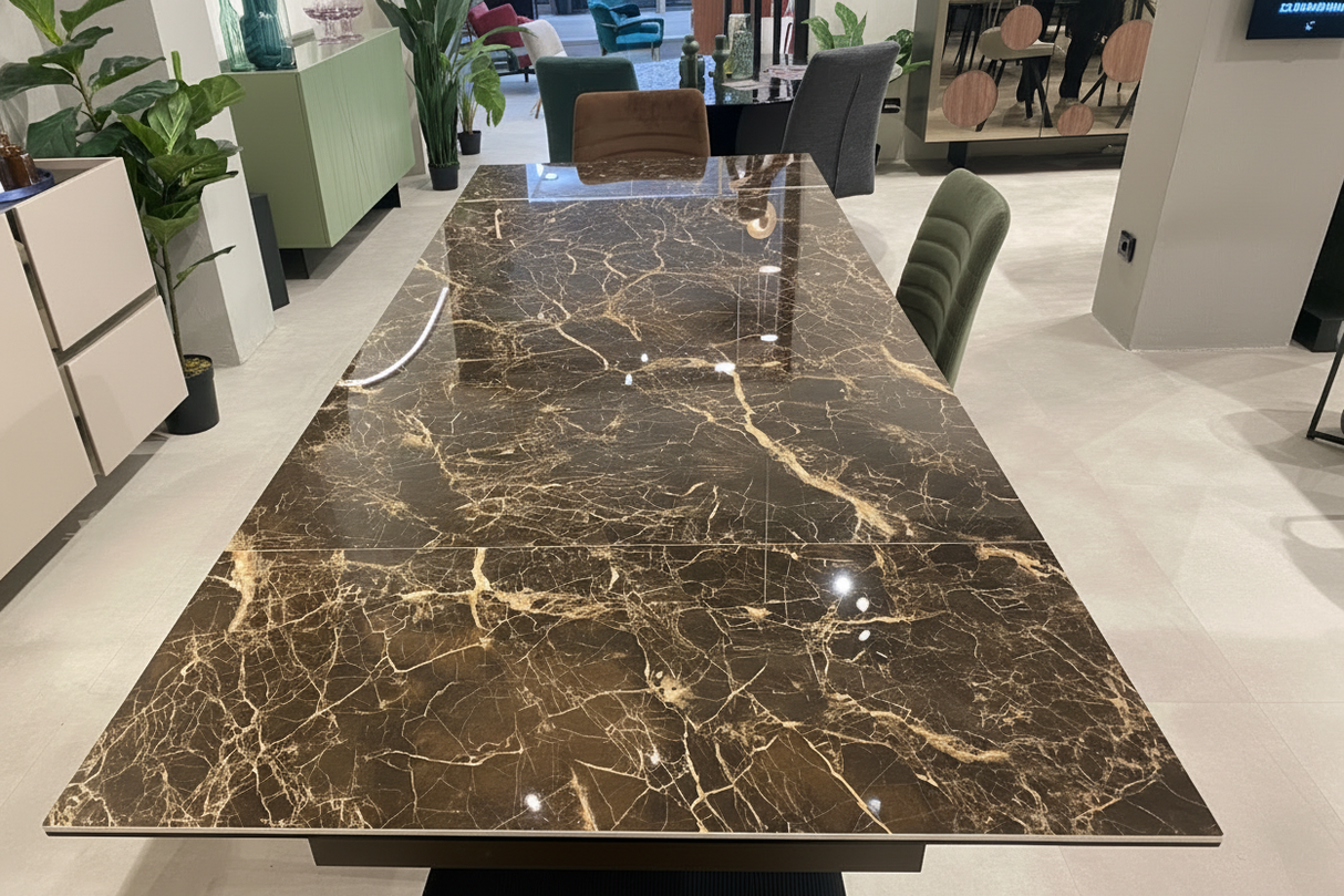Nestory table céramique extensible finition marron brillant – configuration fermée 160 cm, vue de face