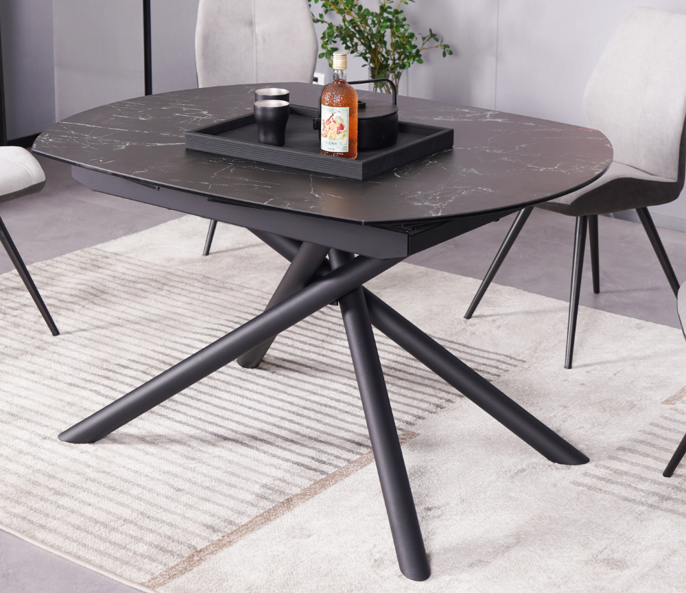 Table céramique extensible marbre noir pieds noir design 130cm - Glory