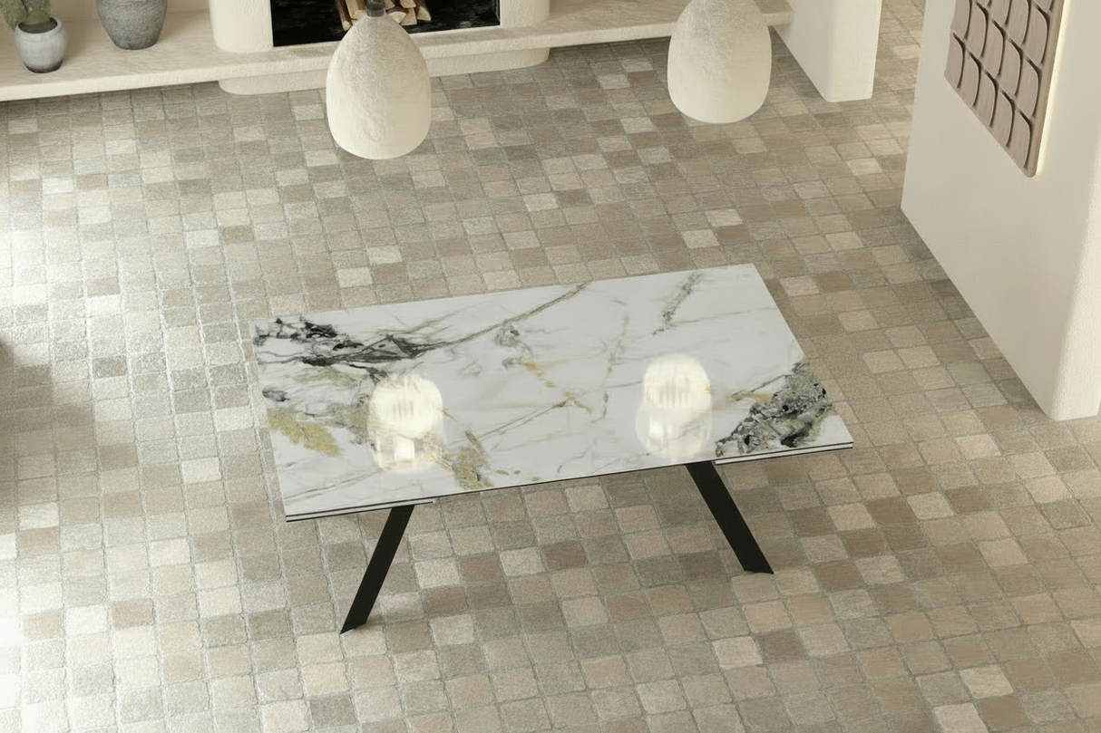 Ontario XL table extensible céramique 6 mm – vue d'ensemble salle à manger, finition Calcatta
