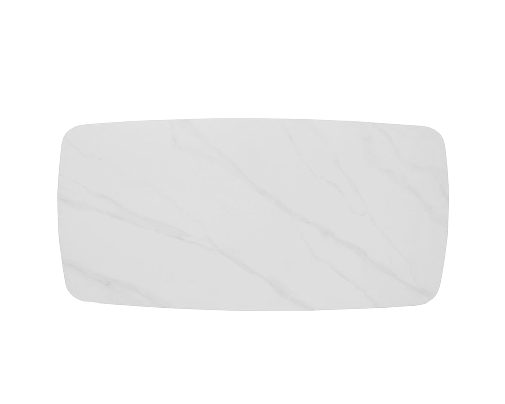 Détail des bords arrondis – table céramique blanche Nasa