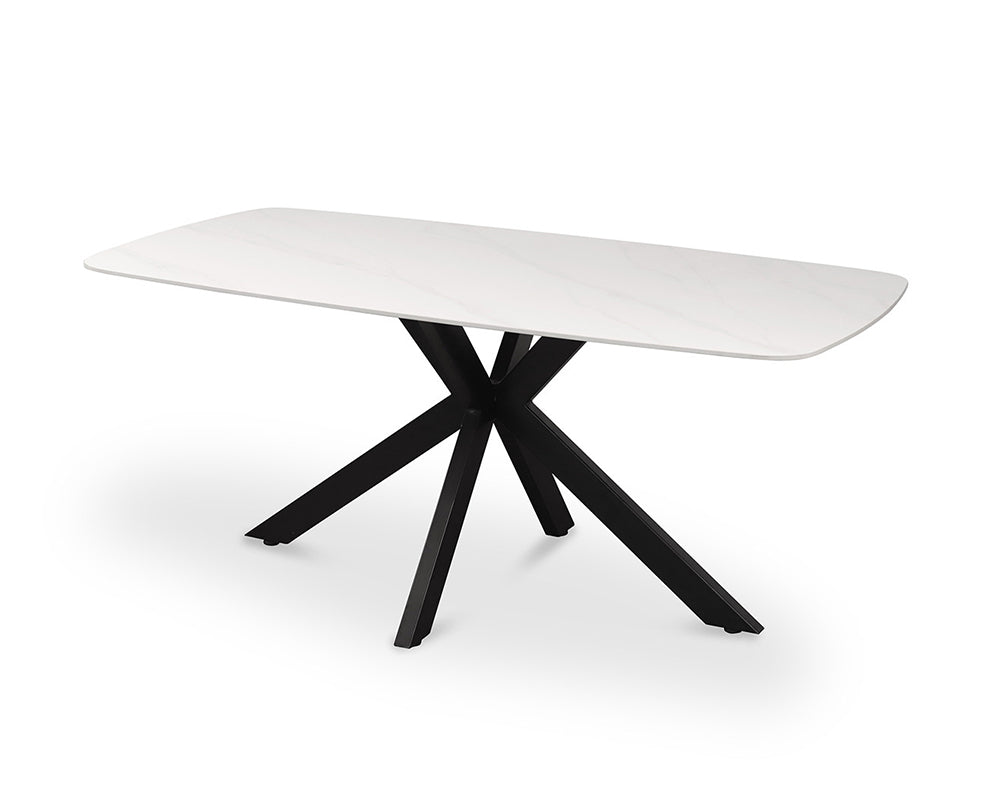 Pieds métal noirs contrastants – table blanche Nasa effet marbre