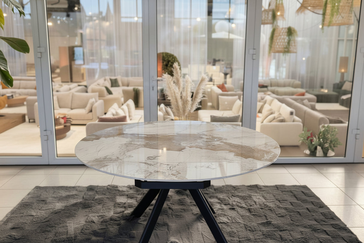 Table Paloma céramique rotative extensible - lievens – vue en showroom Souffle d’Intérieur Yerres, finition marbre