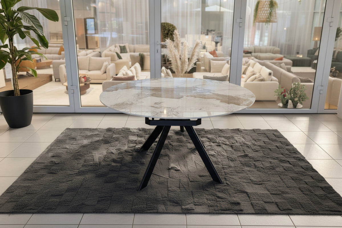 Table Paloma céramique rotative extensible – vue en showroom Souffle d'Intérieur Yerres, finition marbre