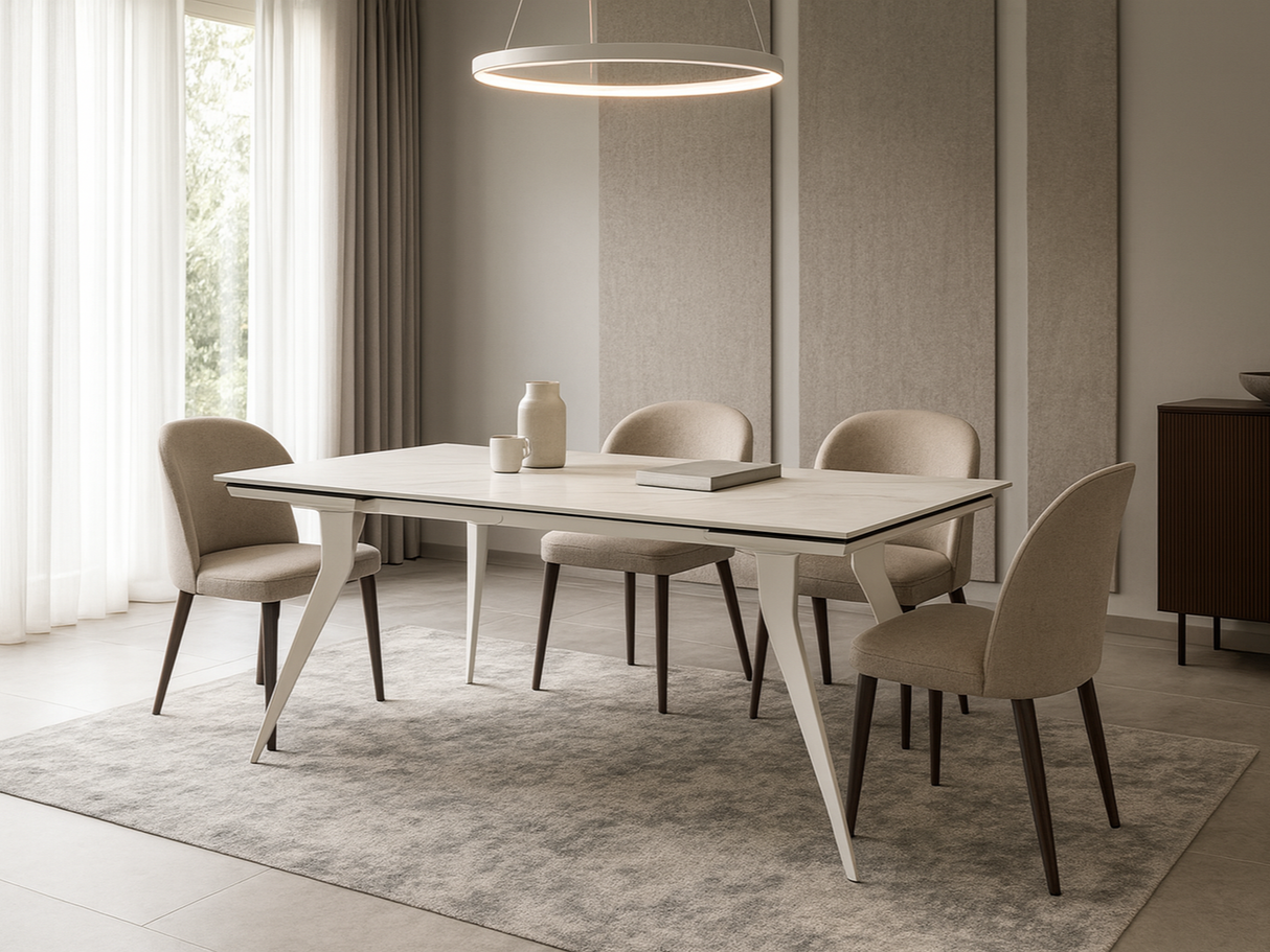 table de salle a manger en ceramique extensible en marbre blanc mat rectangulaire en ambiance dans une salle a manger contemporaine