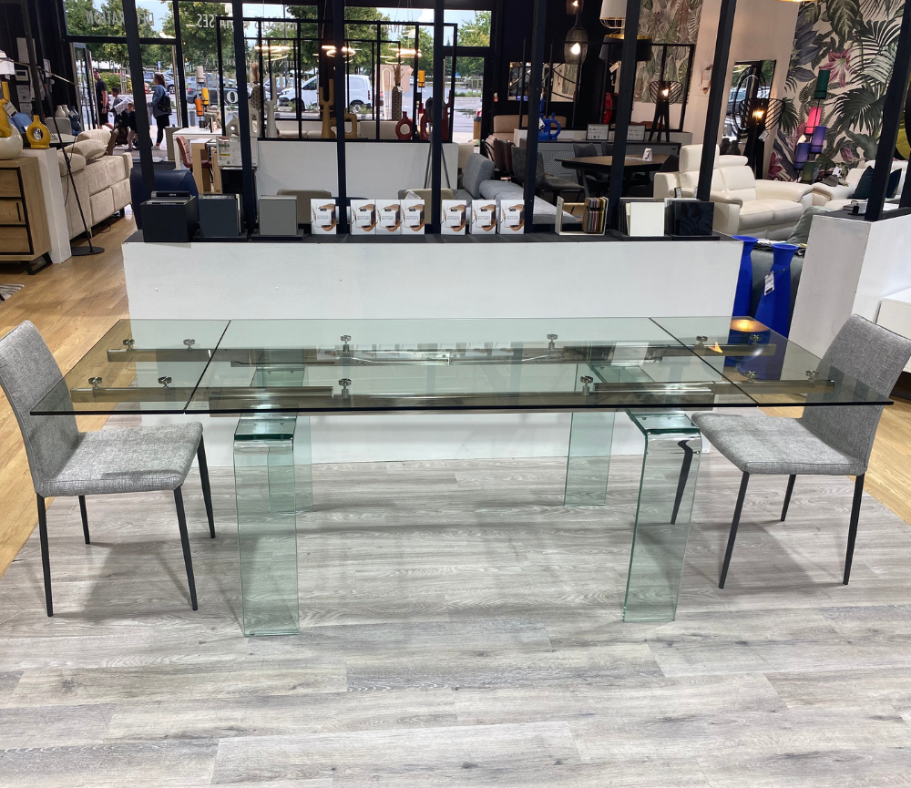Table en verre transparent extensible rectangulaire L160cm ou L140cm - Nelly