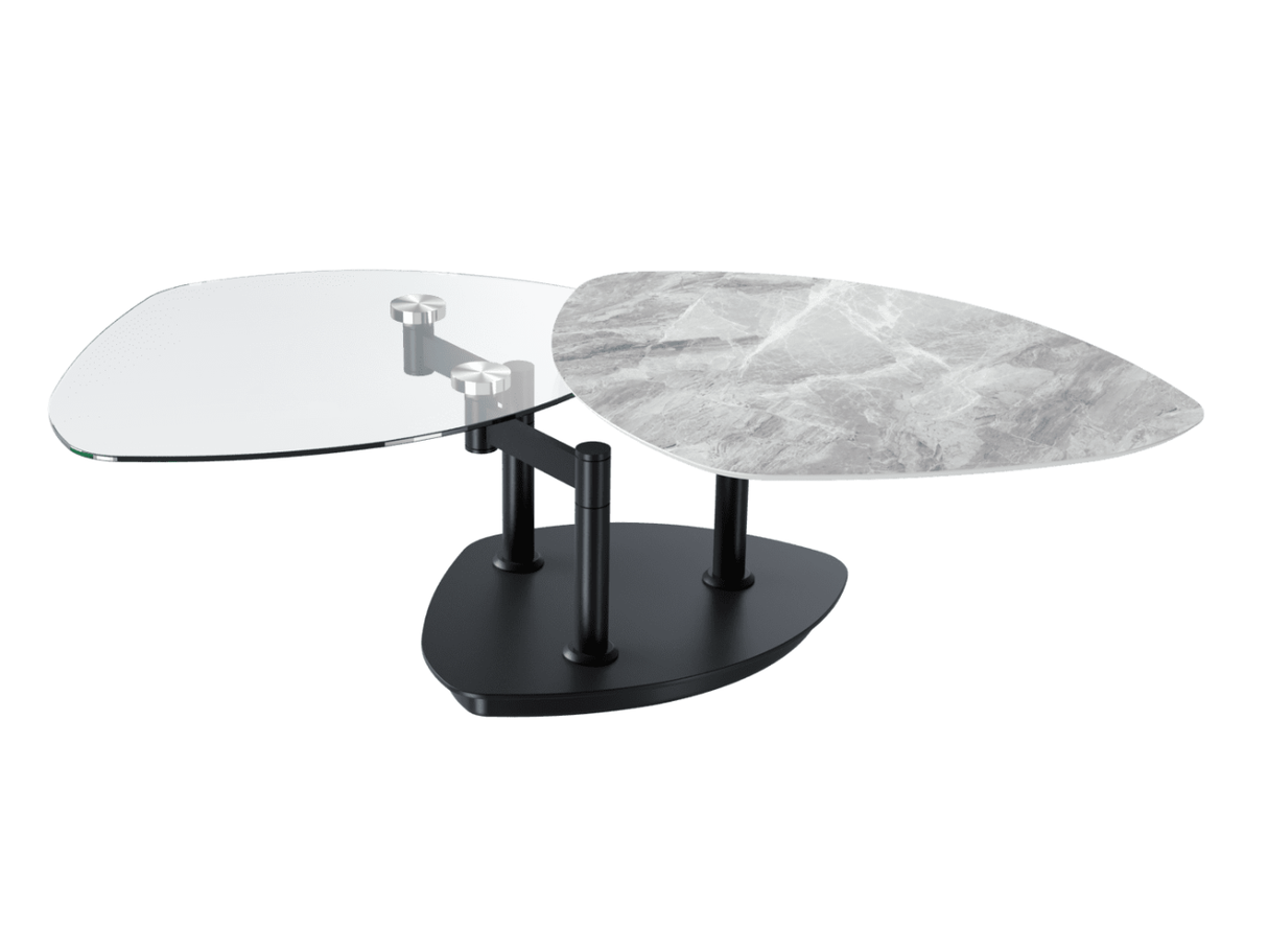 table de salon pivotante ceramique effet marbre en position ouverte - Akante