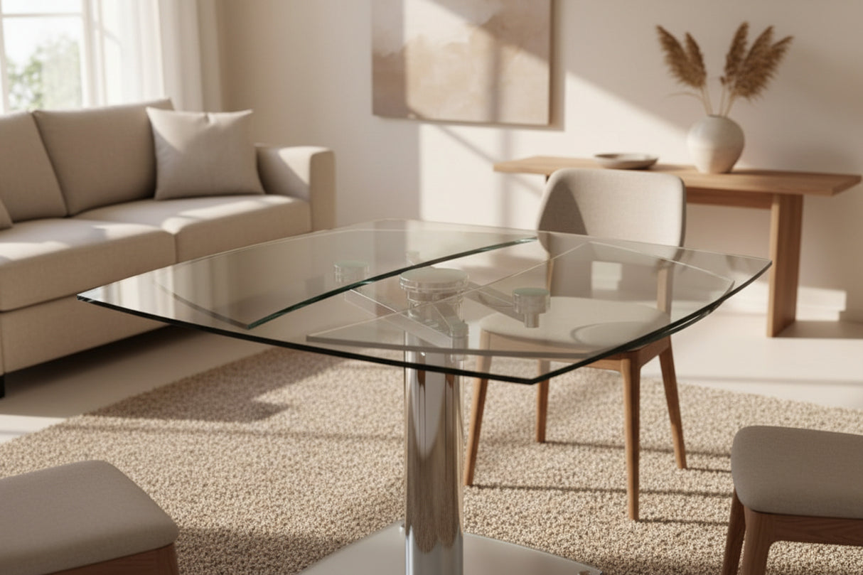 Table de salle à manger Gia – vue 3/4 – verre trempée transparente – pieds aluminium brossé