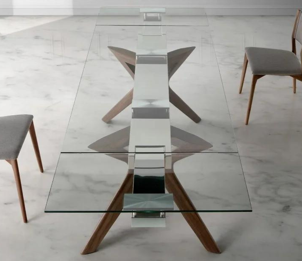 Table en verre extensible design pieds bois L160cm ou L140cm - Nelson
