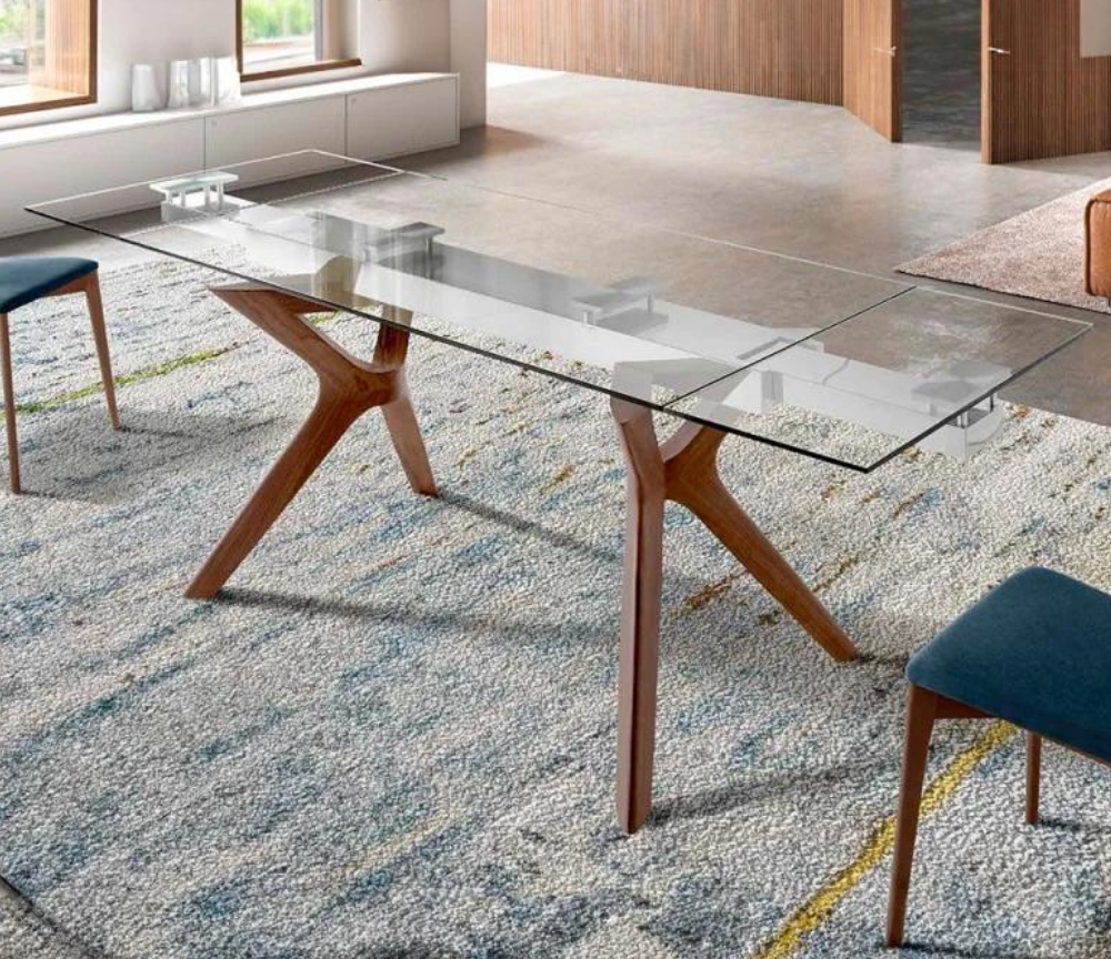 Table en verre extensible design pieds bois L160cm ou L140cm - Nelson