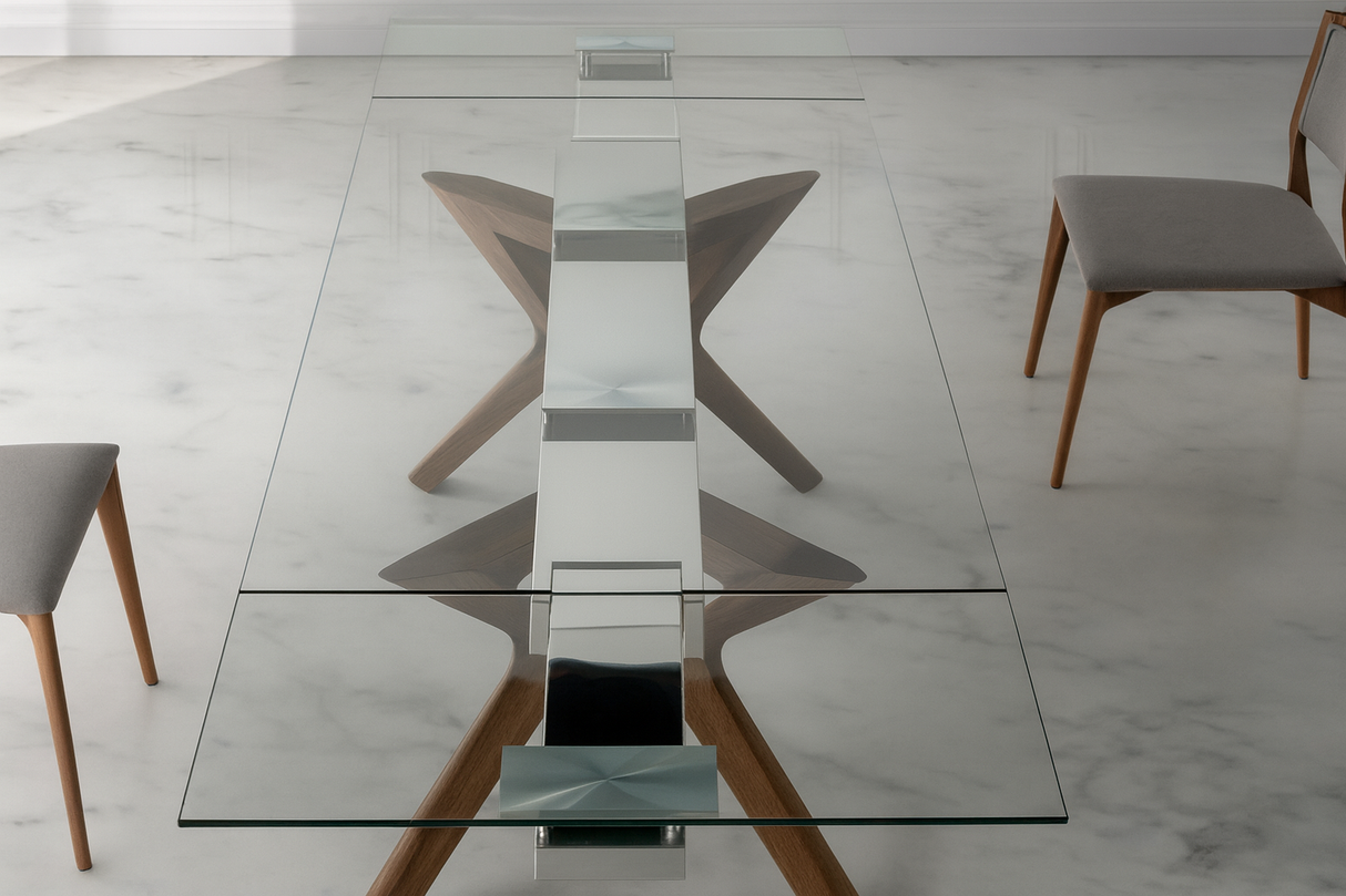 Table en verre extensible au design moderne vue de haut dans une salle à manger