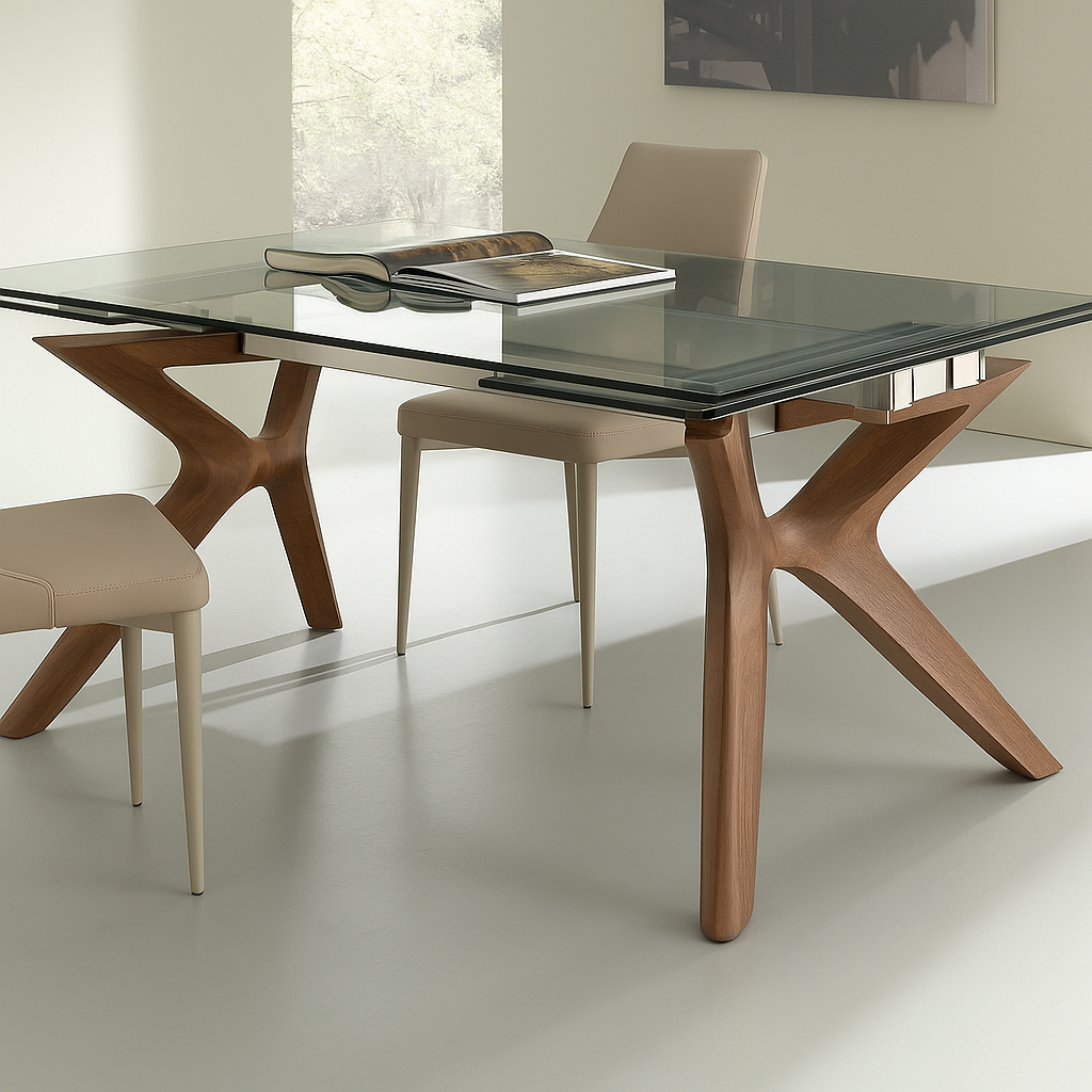 table en verre extensible dans une salle à manger avec deux chaises