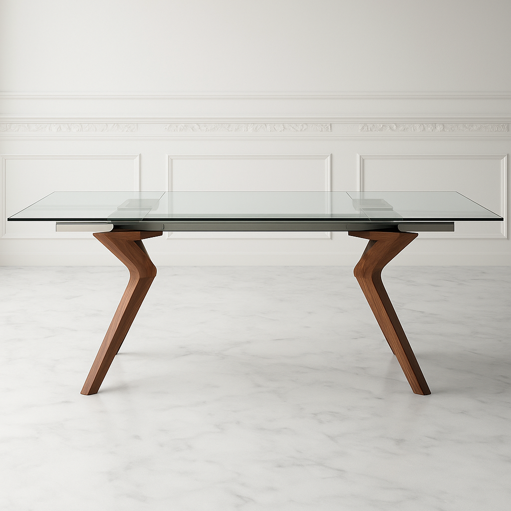 Table en verre extensible dans une salle à manger contemporaine