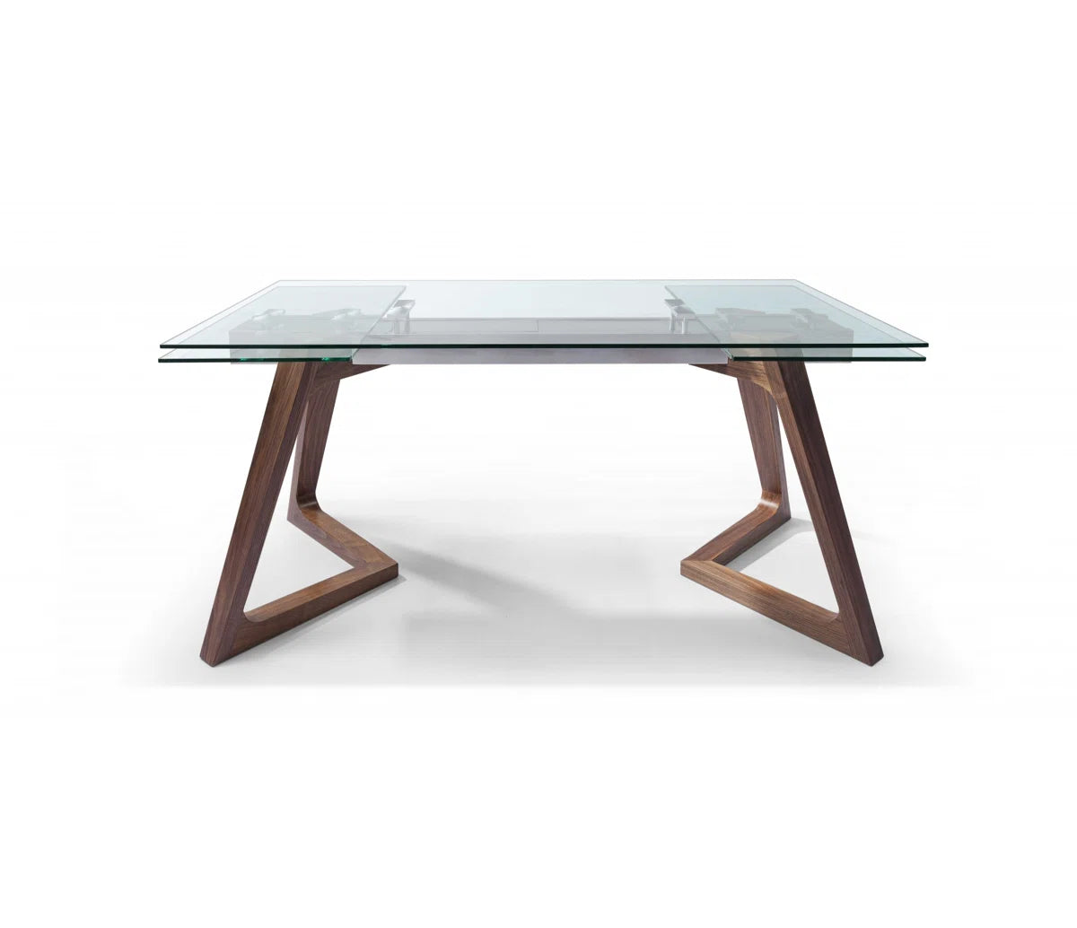 table en verre extensible pieds noyer incurvé sur un fond blanc