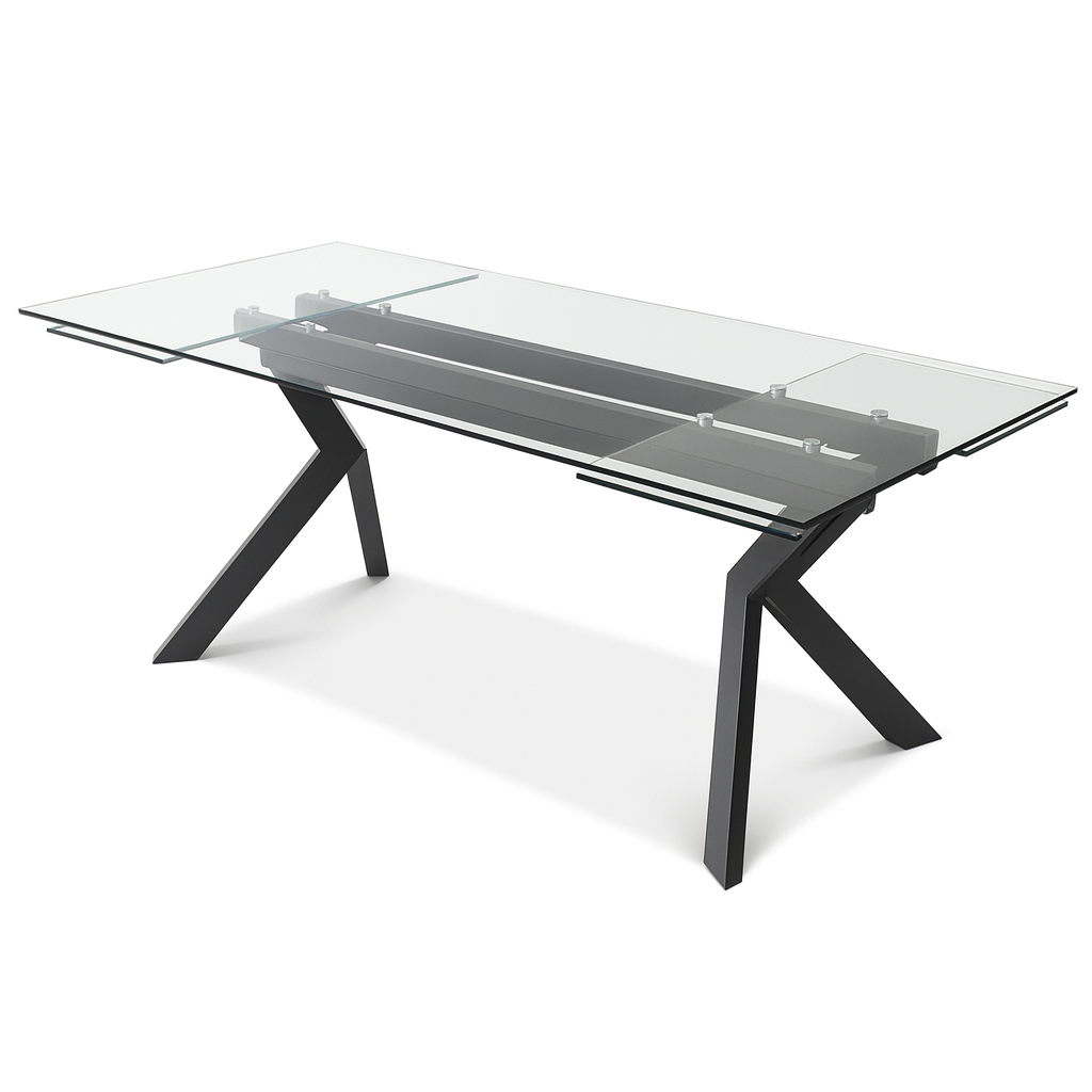 table en verre transparente avec structure en métal noir sur fond blanc