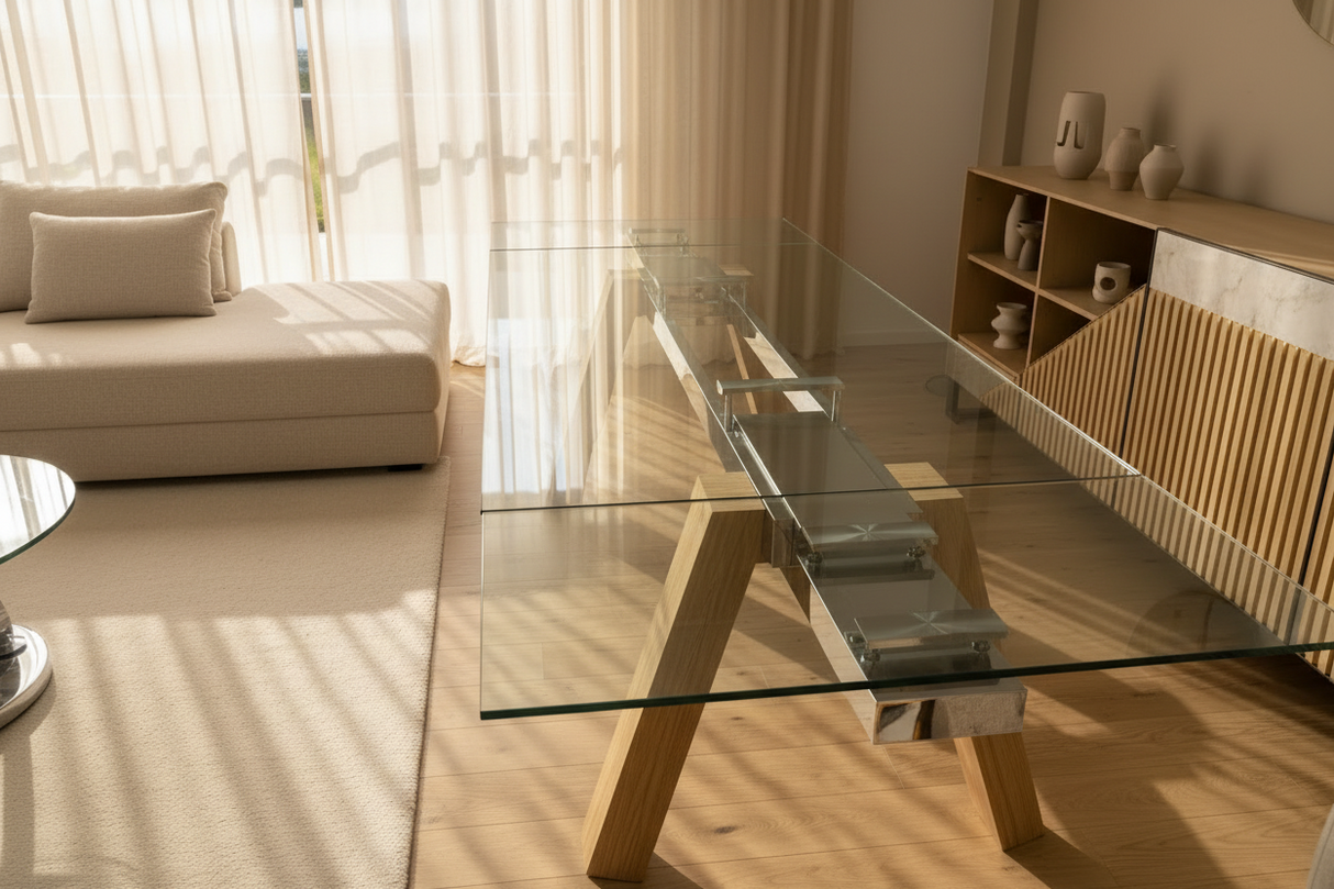 Table en verre et bois Wilson présentée avec un canapé assorties dans le showroom Souffle d’Intérieur à Yerres