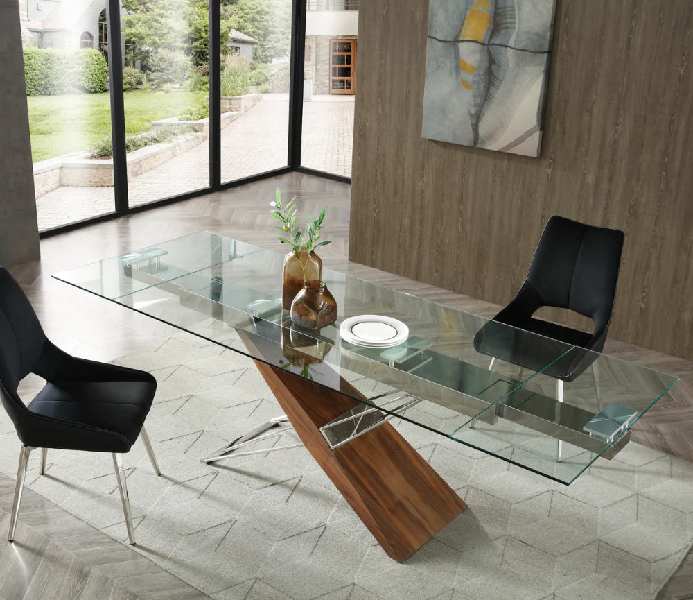 Table Fely extensible en verre trempé et bois noyer - design moderne élégant