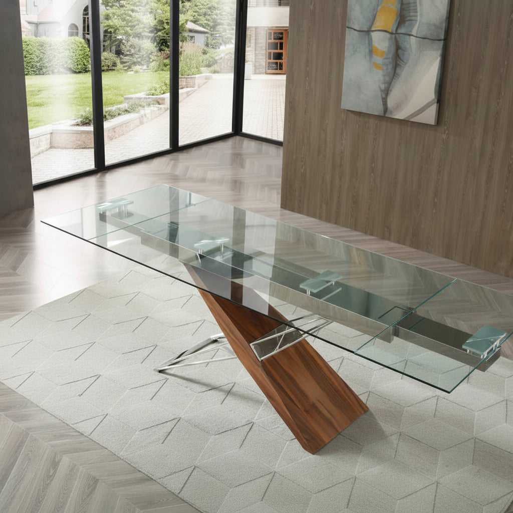 Table extensible en verre trempé et bois noyer - design moderne élégant