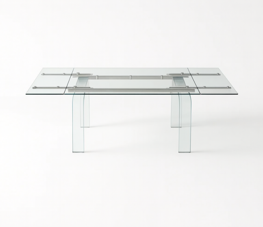 table en verre transparente sur fond blanc