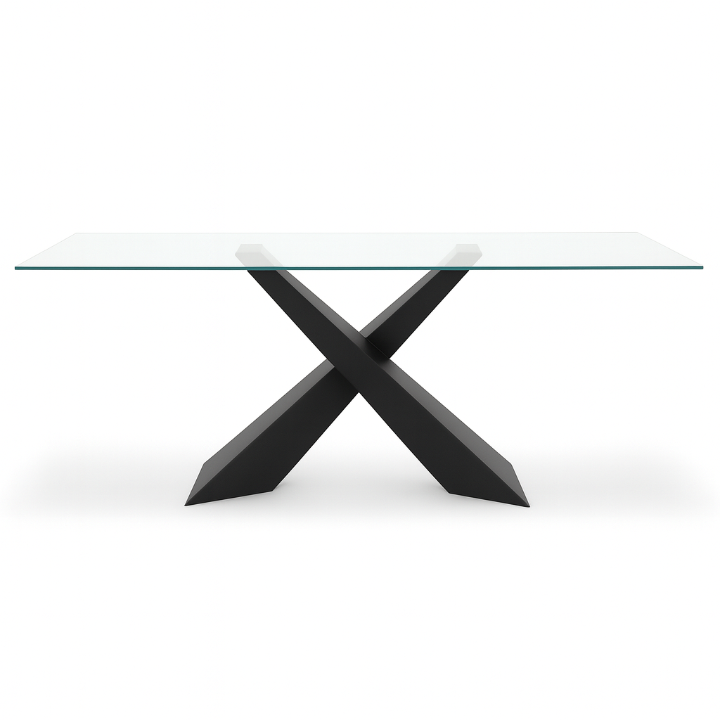 table en verre transparente avec pieds en noir