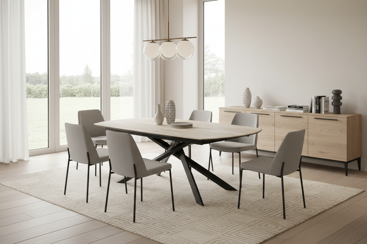 Table extensible céramique travertin dans une salle à manger contemporaine