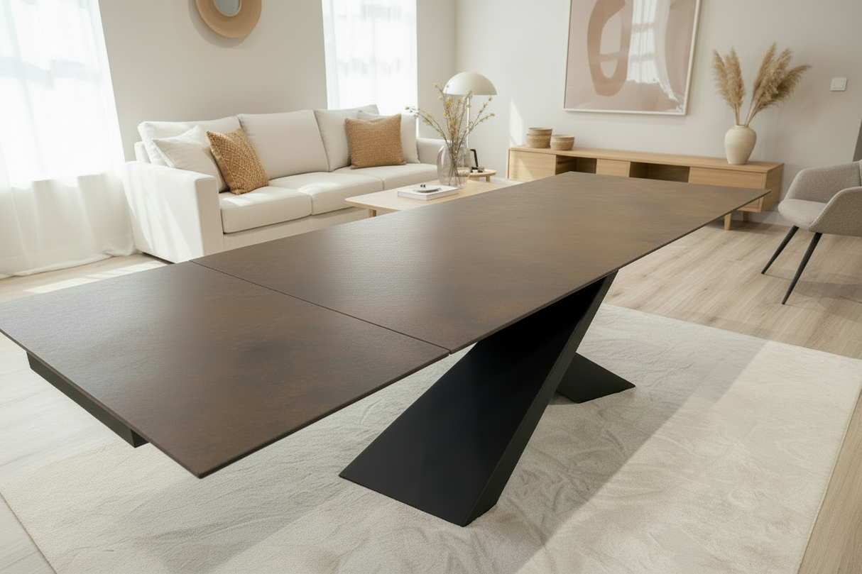 Table Bond ouverte avec 2 rallonges déployées – céramique rouille bronze en magasin