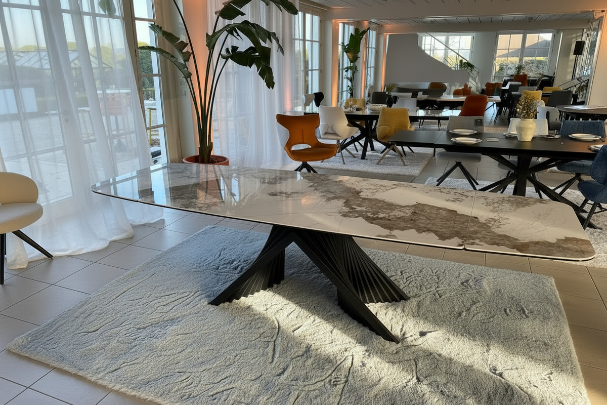 Table Angel Lievens céramique effet marbre extensible – exposée en showroom Souffle d’Intérieur Yerres