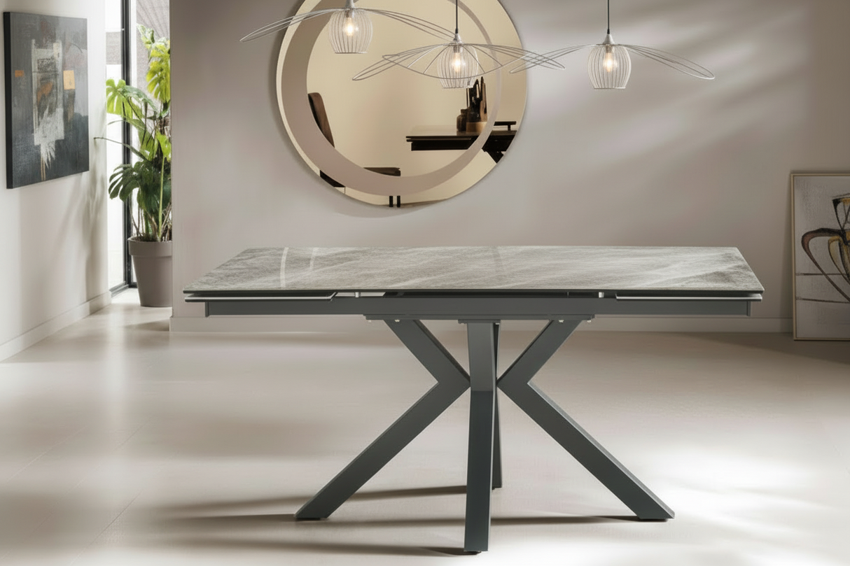 Stan table céramique marbre extensible – configuration fermée 160 cm, piètement métal mat